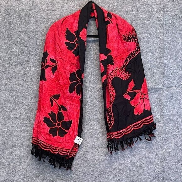 Mi Luna Scarf Women's 40”X60” Red Black Hibiscus Floral Print Boho Fringe Sarong - Picture 1 of 12